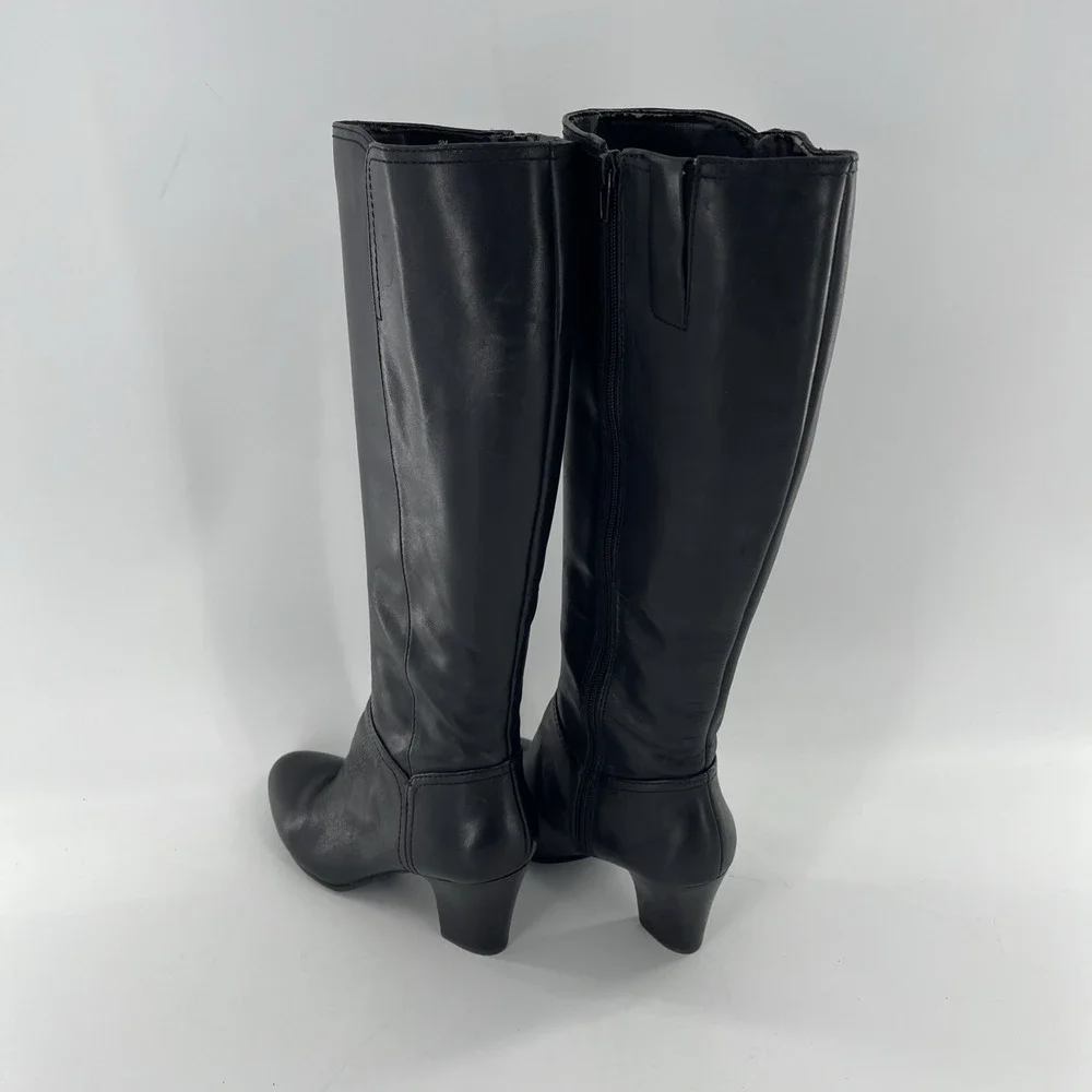 Nine West Knee High Leather Tall Dress Boots Black 9 Mid Heel Side‎ Zip Alysia